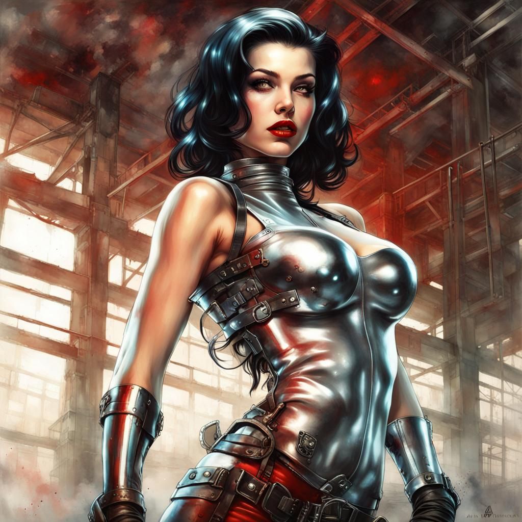 Chrome Cyborg Woman in Abandoned Factory