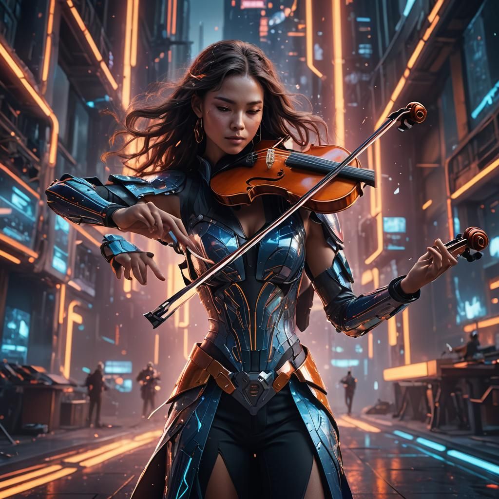 Futuristic Woman Plays Violin in Detailed Matte Painting
