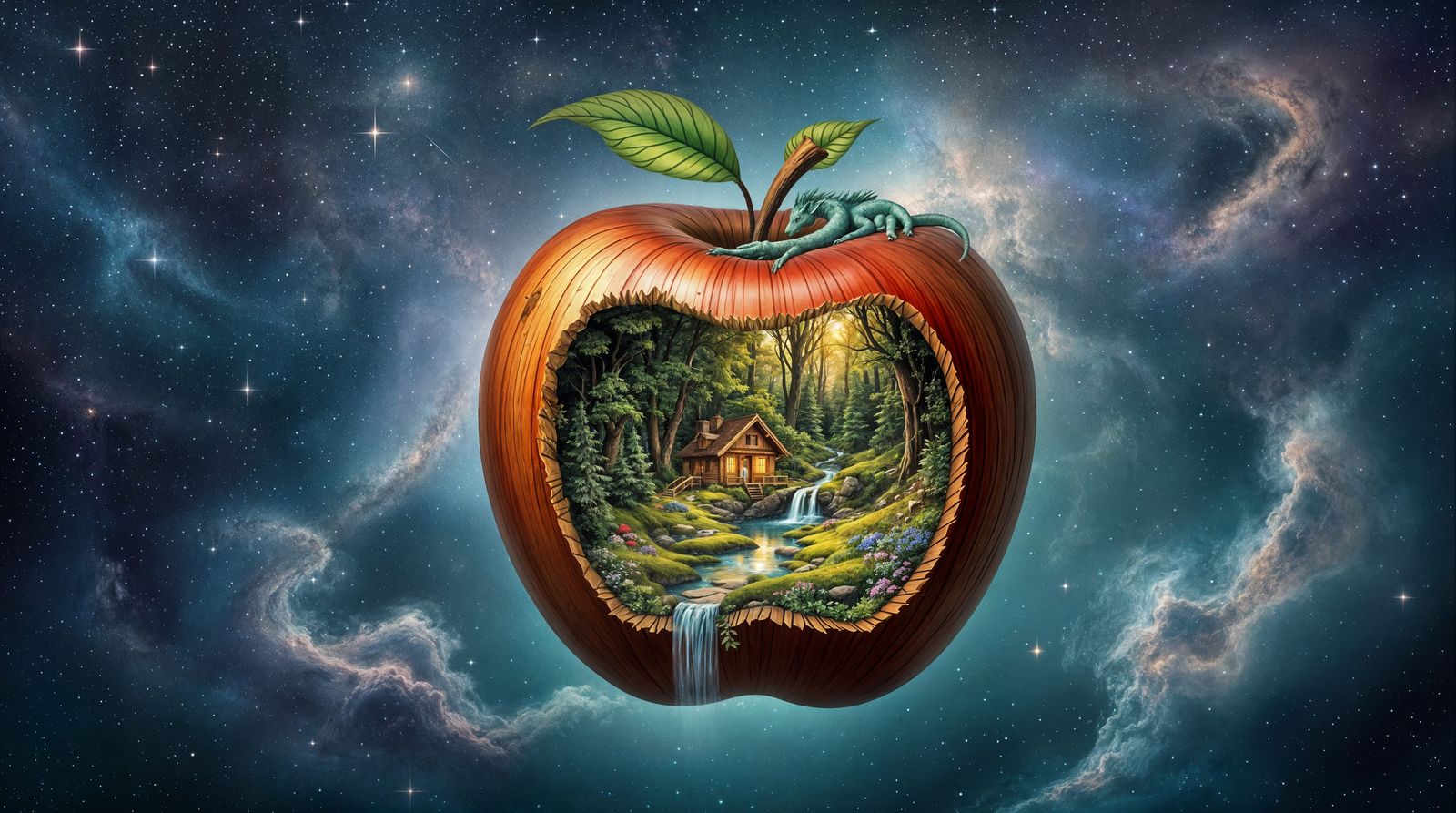 Whimsical Woodland Within a Cosmic Apple