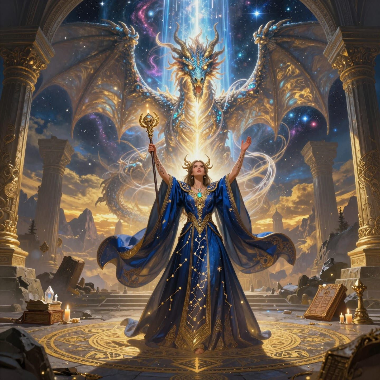 Sorceress Summons Celestial Dragon from Starlight Portal