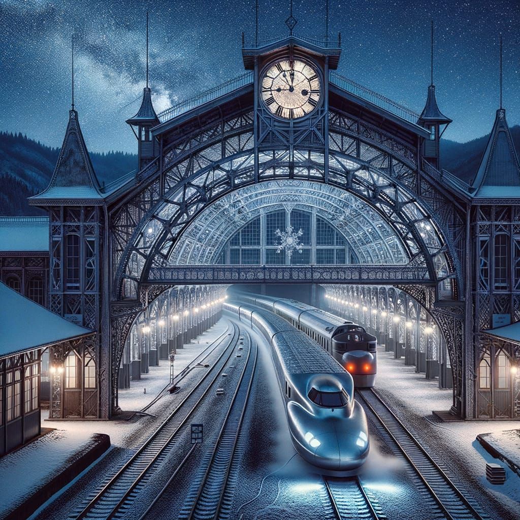 Starlit Iron Railway Station in Winter