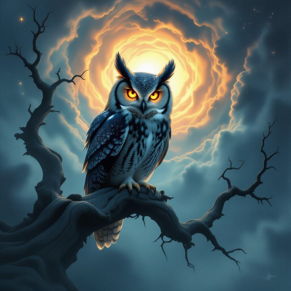 Spectral Owl on Ancient Branch Amidst Cosmic Vortex