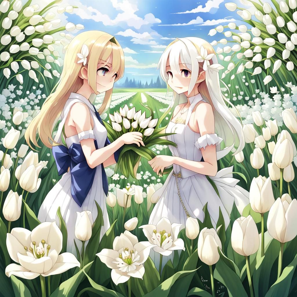 White Tulips and Lilies in Anime Style
