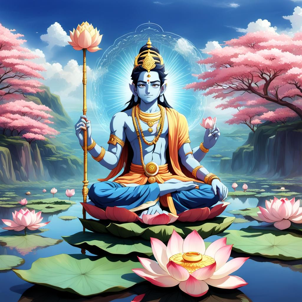 Vishnu: A Cute Boy as Hindu God, Anime Style