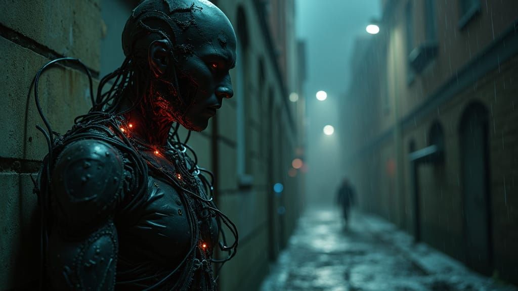 Cyborg in Dark Alleyway, Aether-Punk Style