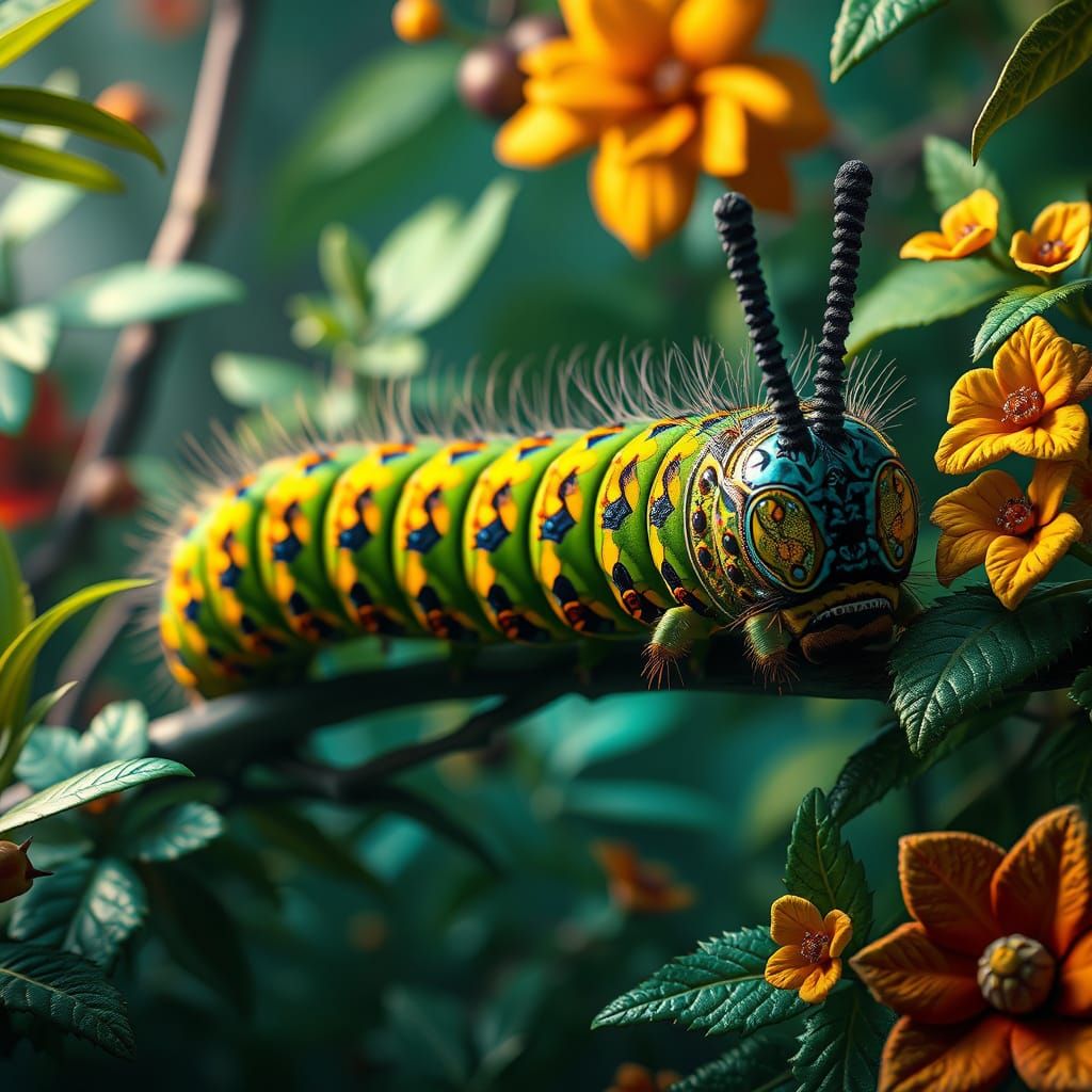 Detailed Caterpillar in Lush Environment, Digital Art