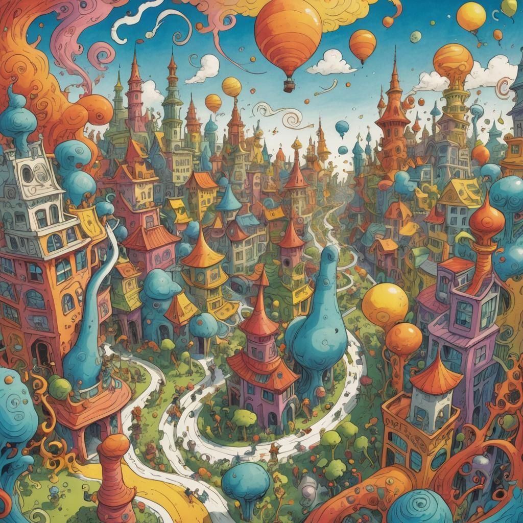 Whimsical Doodle Creatures in Crayon Fantasy Metropolis