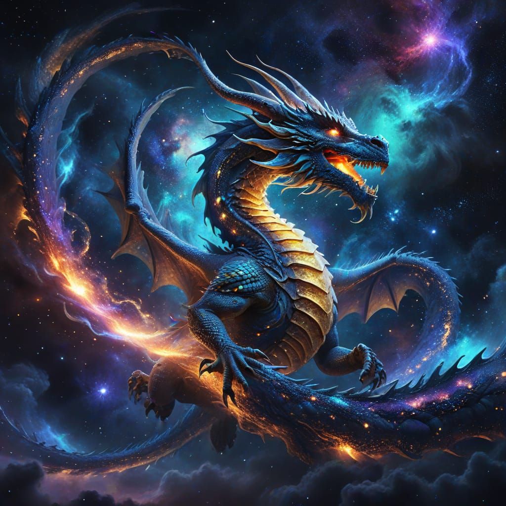 Celestial Dragon Spirals Through Iridescent Nebula