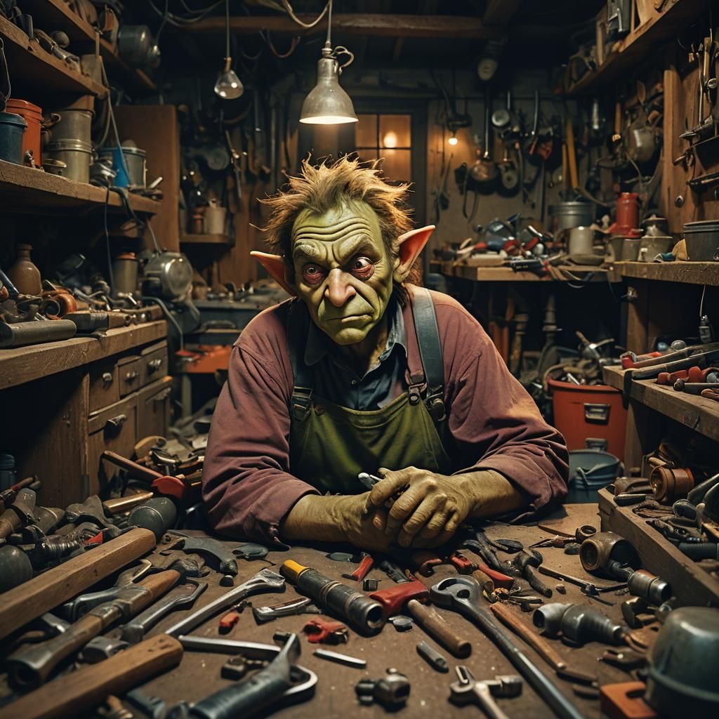 Goblin Plumber Sleeping in Gloomy Workshop