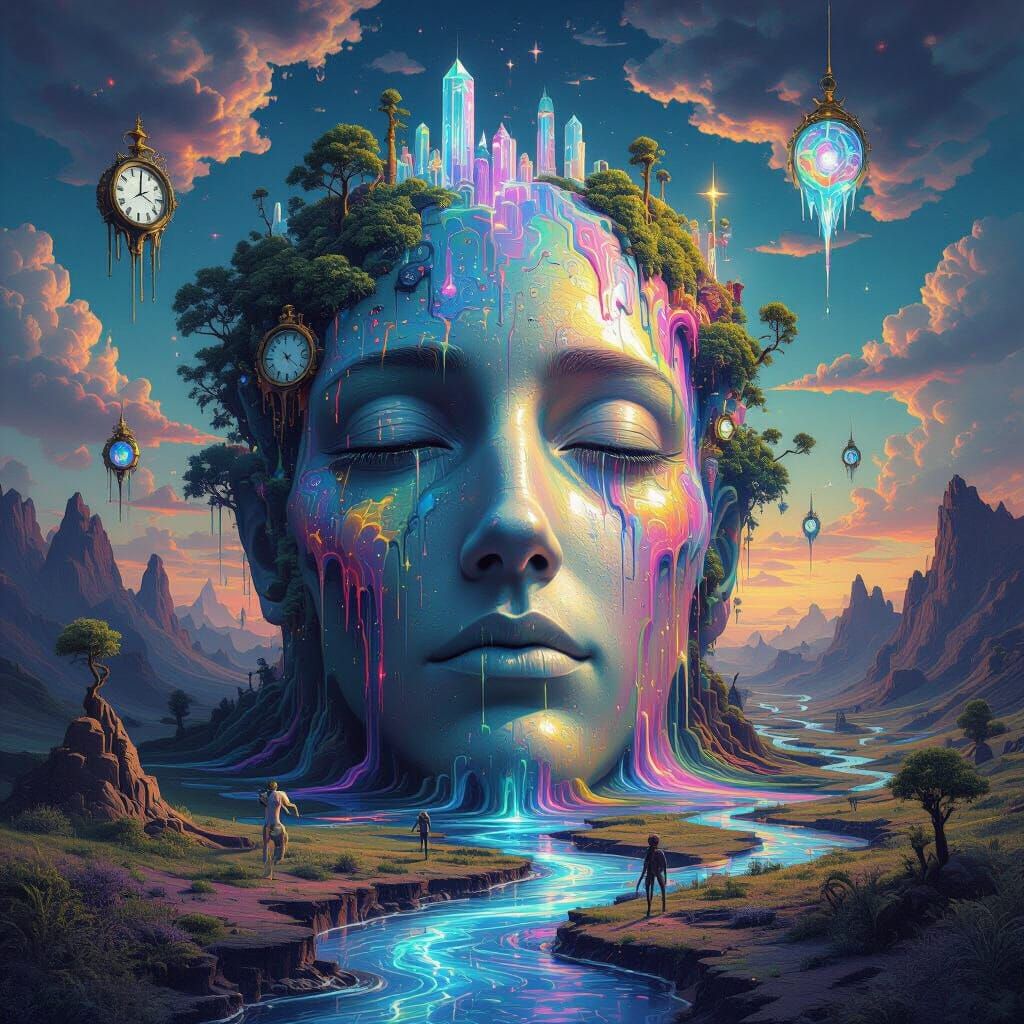 Surreal Dreamscape with Melting Face and Floating Crystals