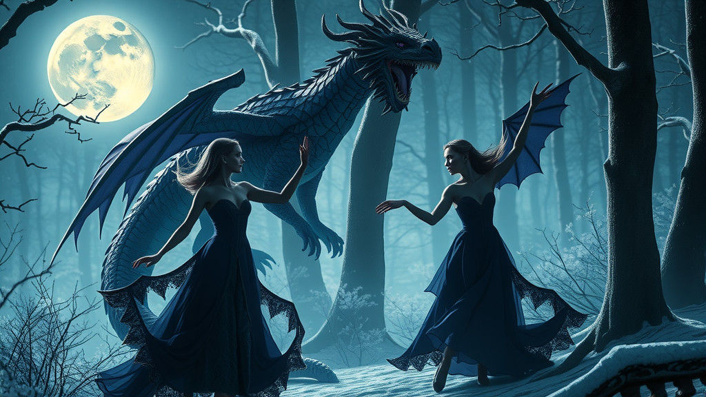 Enchanted Wood: Gothic Sisters Dancing Under Dragon's Gaze