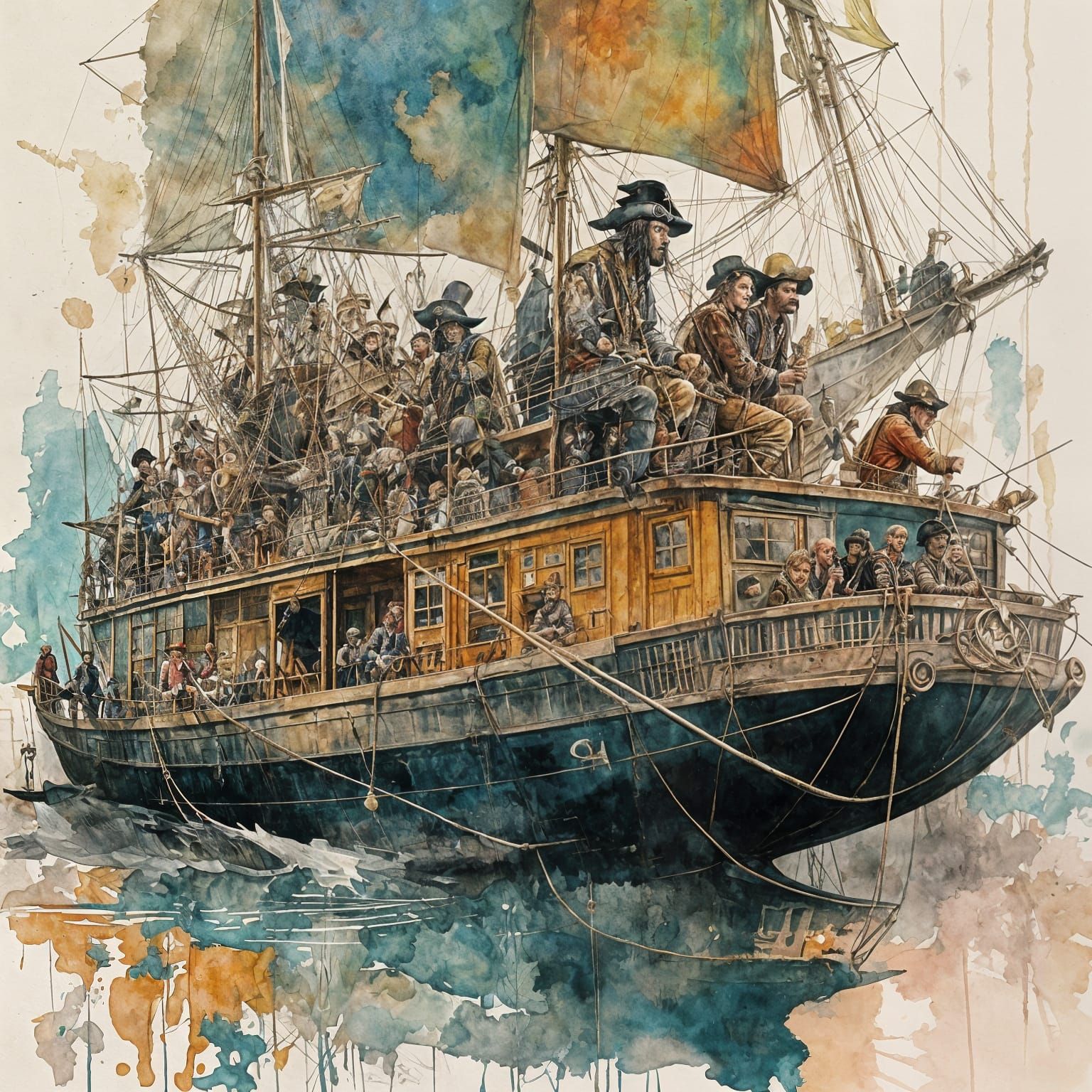 Comical Pirate Crew in Gouache and Watercolor Style
