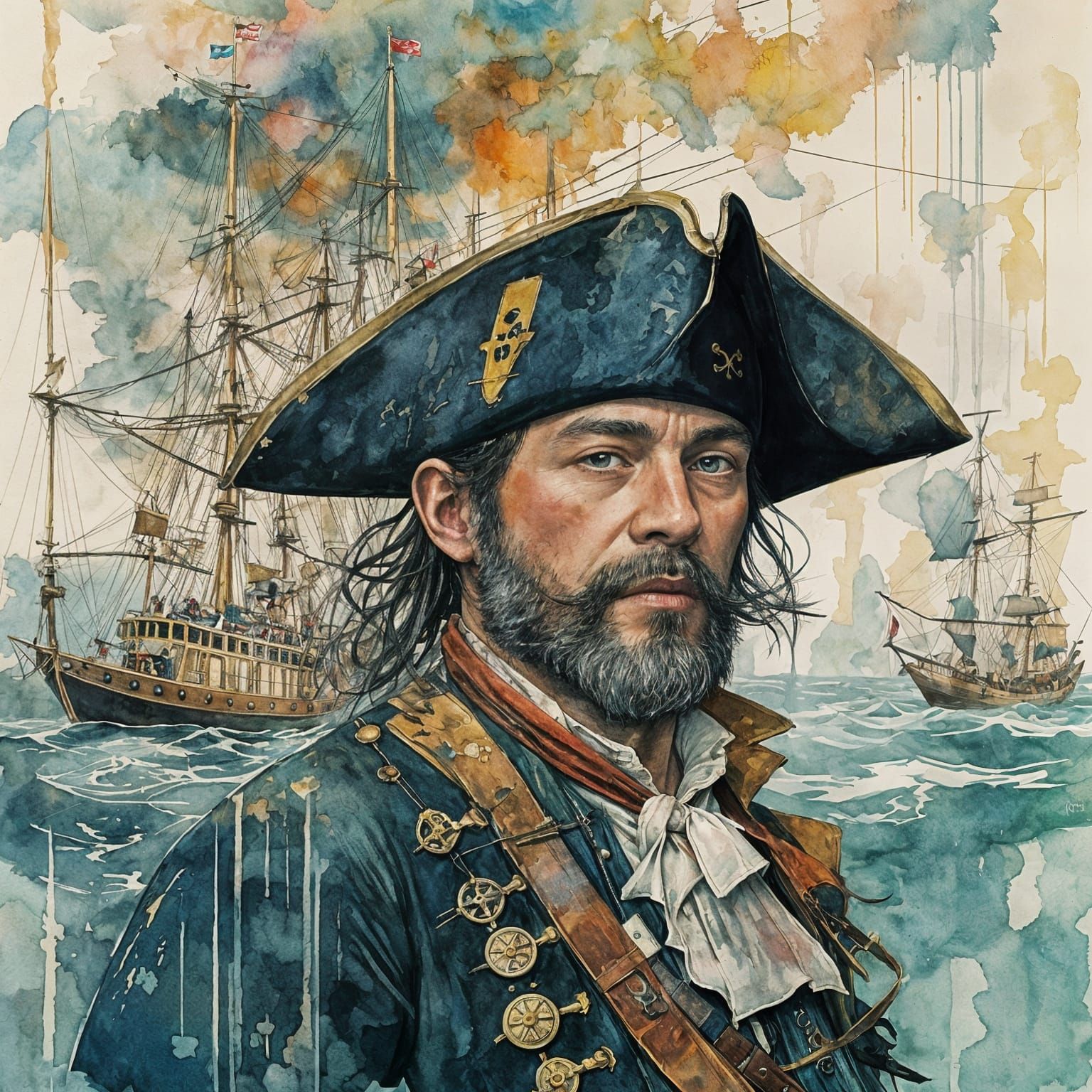 Comical Pirate Crew Prepares in Gouache Watercolor Style