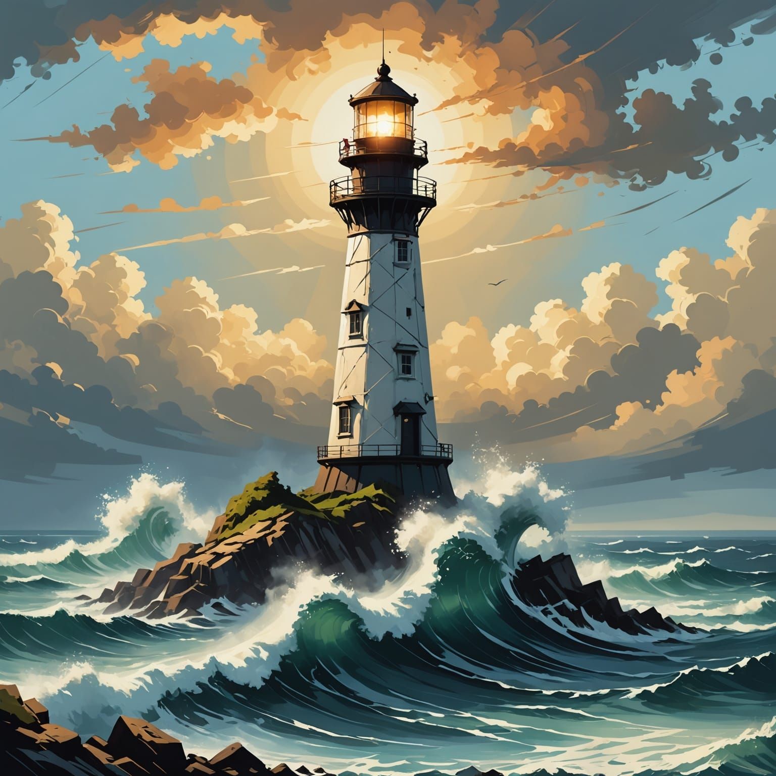 Lighthouse Against Crashing Waves as Oil Painting