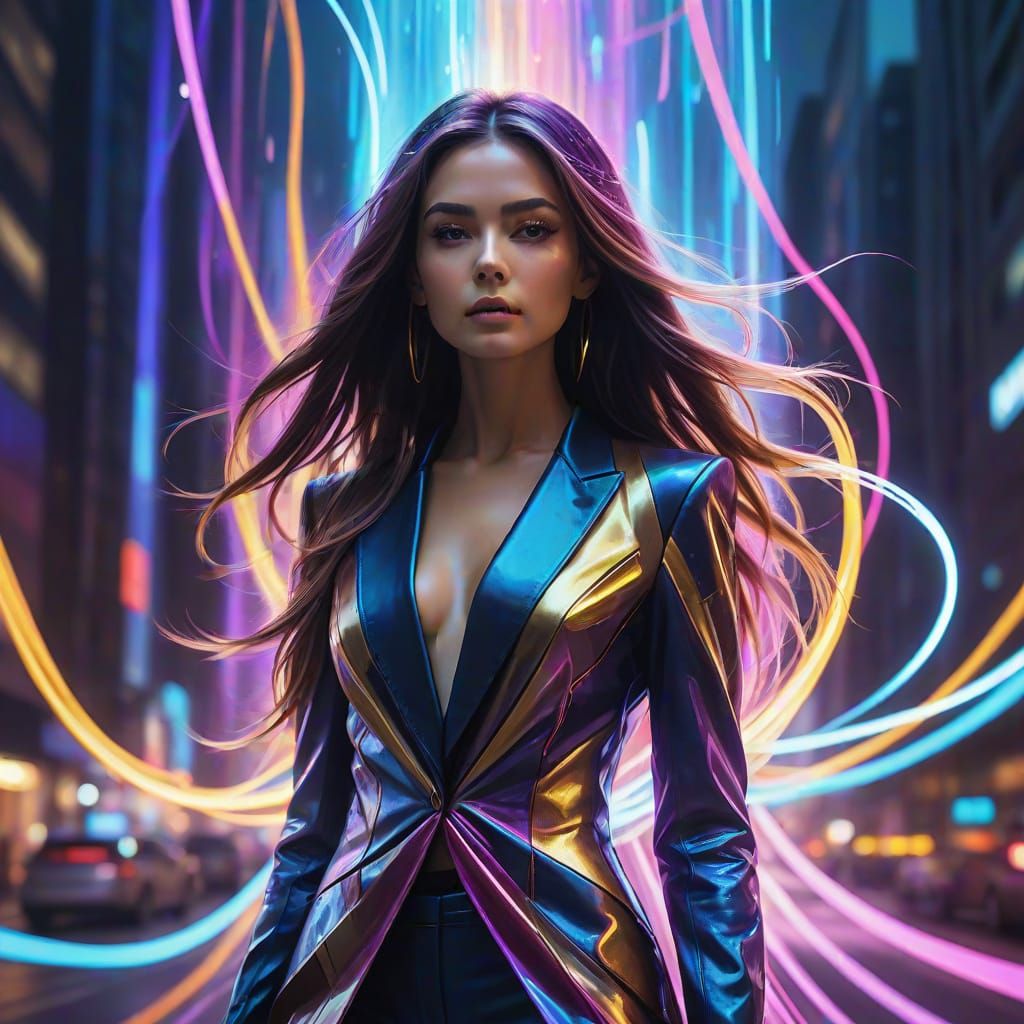 Elegant Woman Amidst Flowing Light Trails in Futuristic Styl...