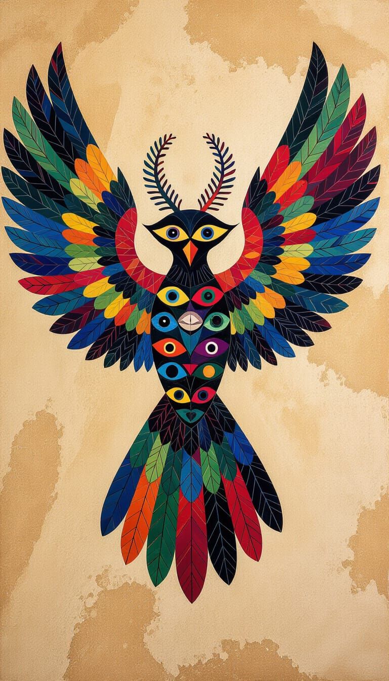 Mystical Multi-Eyed Winged Being in Ancient Cave Art Style