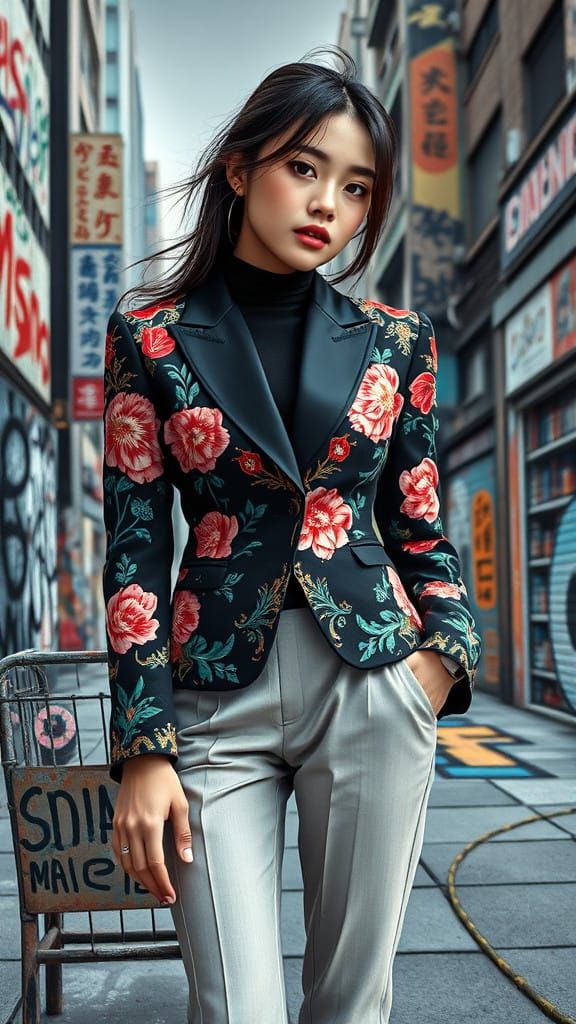 Surreal City Scene Embroidered Blazer in Vibrant Anime Style
