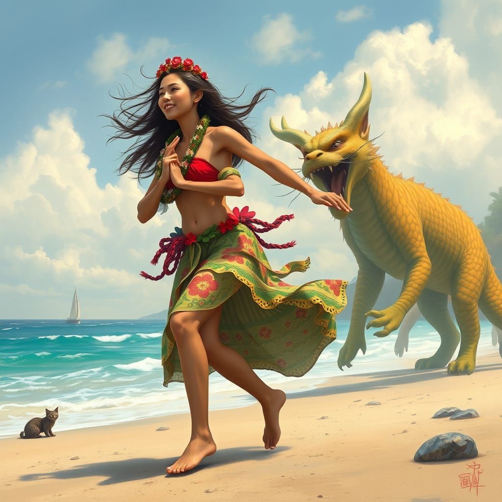 Woman Dancing with Dragons and Cats in Whimsical Style