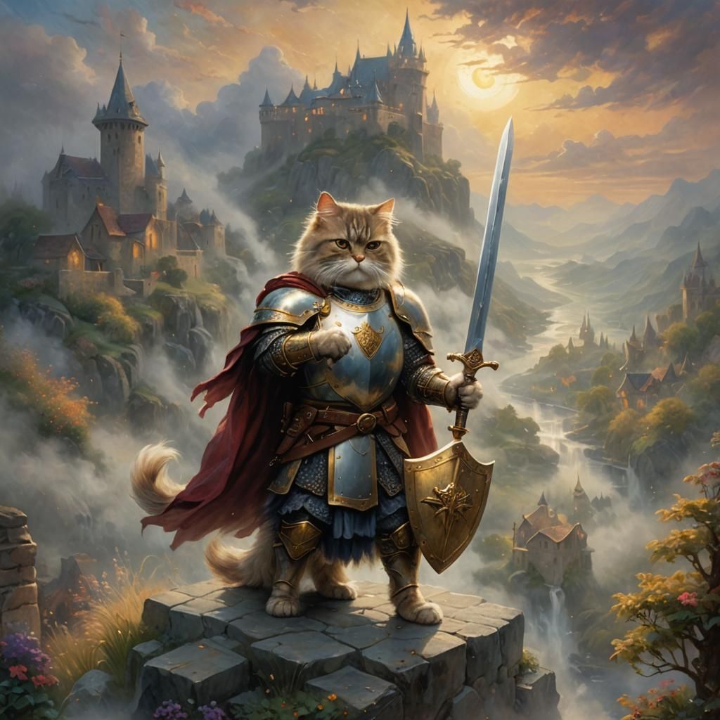 Persian Cat Knight in Ethereal Oil Painting Style