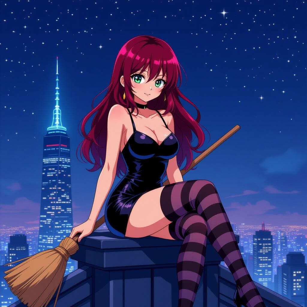 Anime Woman on Skyscraper Roof in Studio Trigger Style