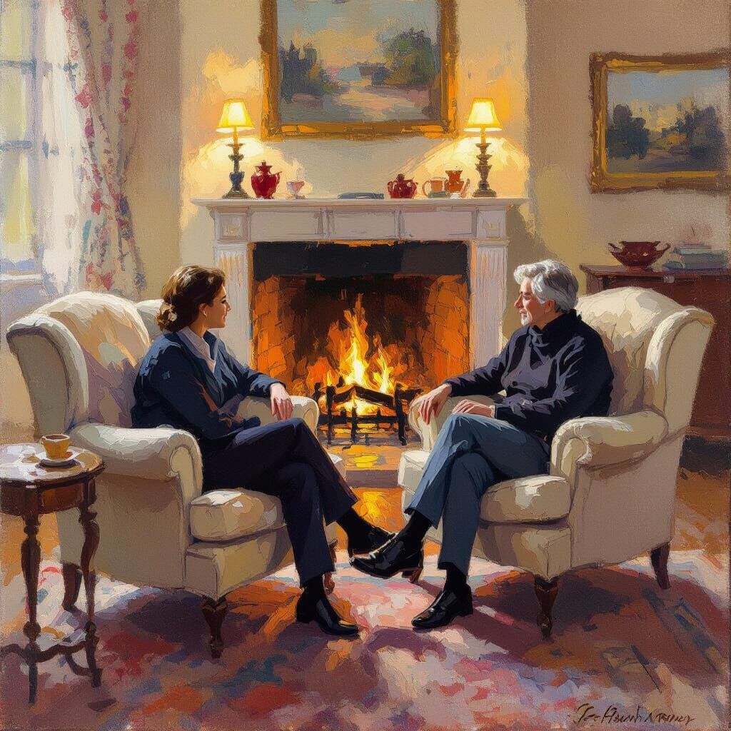 Cozy Fireside Conversation Captured in Impressionist Style