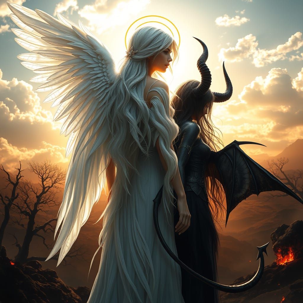 Angel and Demon Women Stand Back to Back in Shimmering White...