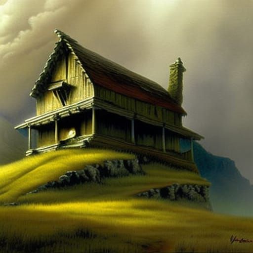 Detailed Mountain House Charcoal Drawing