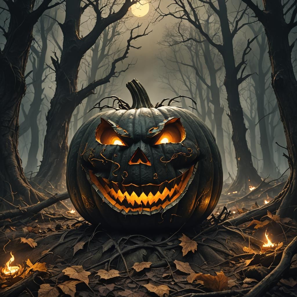Dark Fantasy Pumpkin Screaming in Abandoned Forest