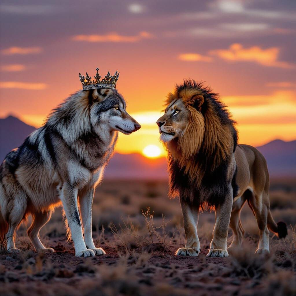 Wolf Prince Battles Lion King in Epic Fantasy Landscape