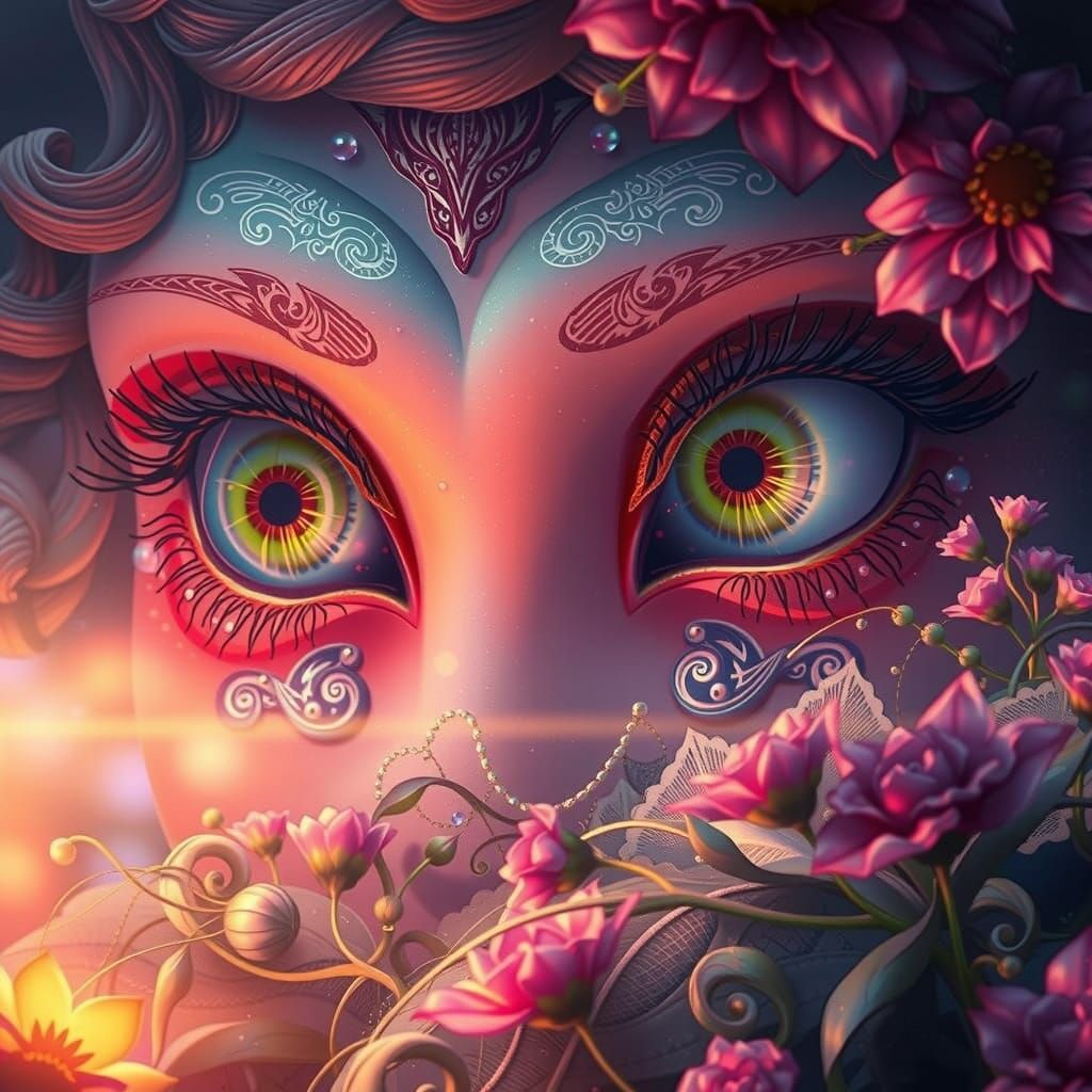 Stylized Woman with Bright Eyes and Glassy Gaze