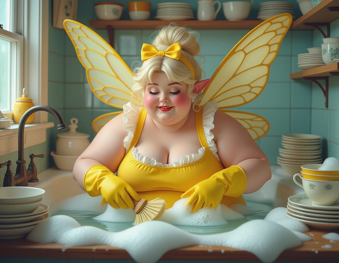 Washing Up Fairy in Sink, Photorealistic Digital Art
