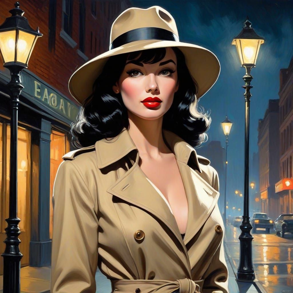 Film Noir Betty Page Under City Streetlamp