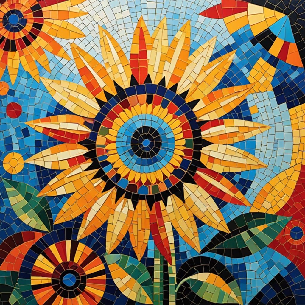 Sunflower Mosaic Art Crafted from Vibrant Textile Scraps
