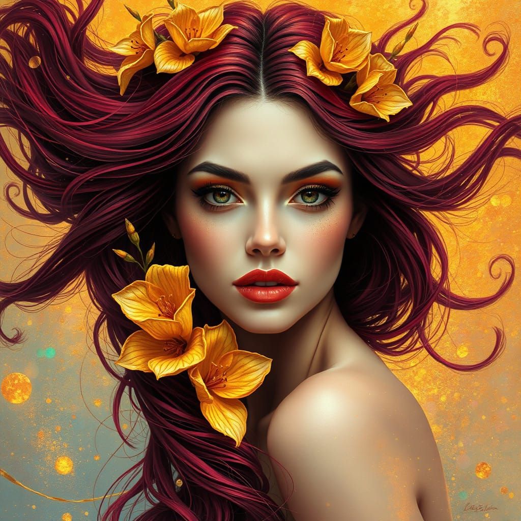 Ethereal Burgundy Goddess in Golden Holographic Wind