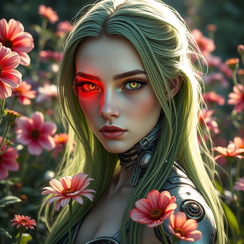 Lifelike Cyborg Woman in a Vibrant Flower Garden