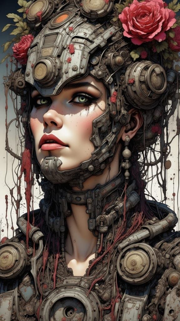 Cyborg Florence Pugh in Cyberpunk Ink Style