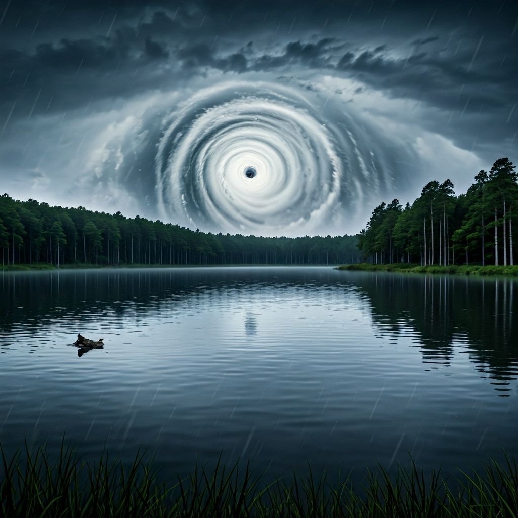 Serene Lake Reflects Hurricane Eye in Hyperrealistic Style