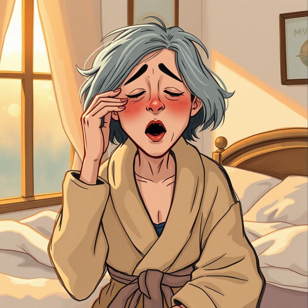 Woman Yawning in Bed, Whimsical Illustration