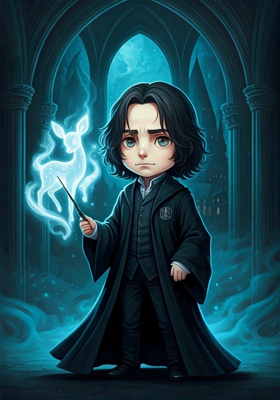 Chibi Severus Snape Summons Doe Patronus in Watercolor Style