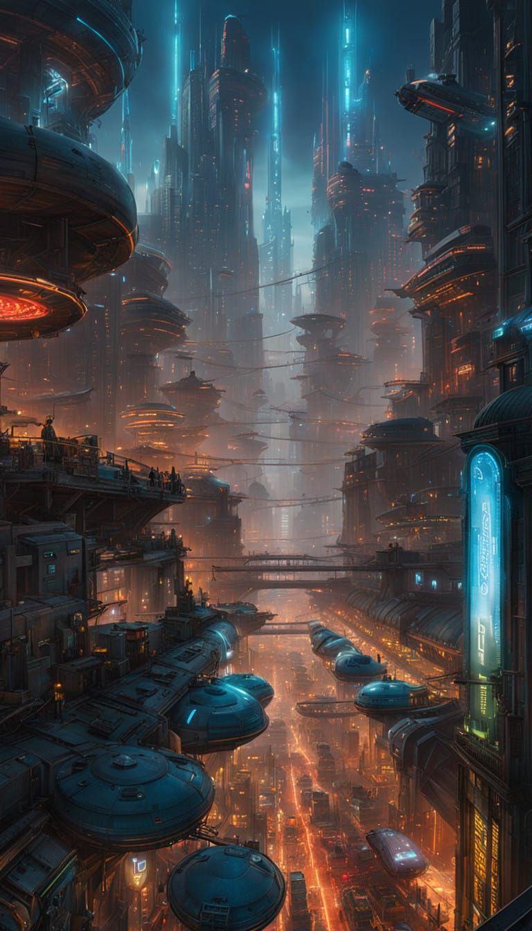 Cyberpunk Metropolis at Night: Futuristic Cityscape with Fly...