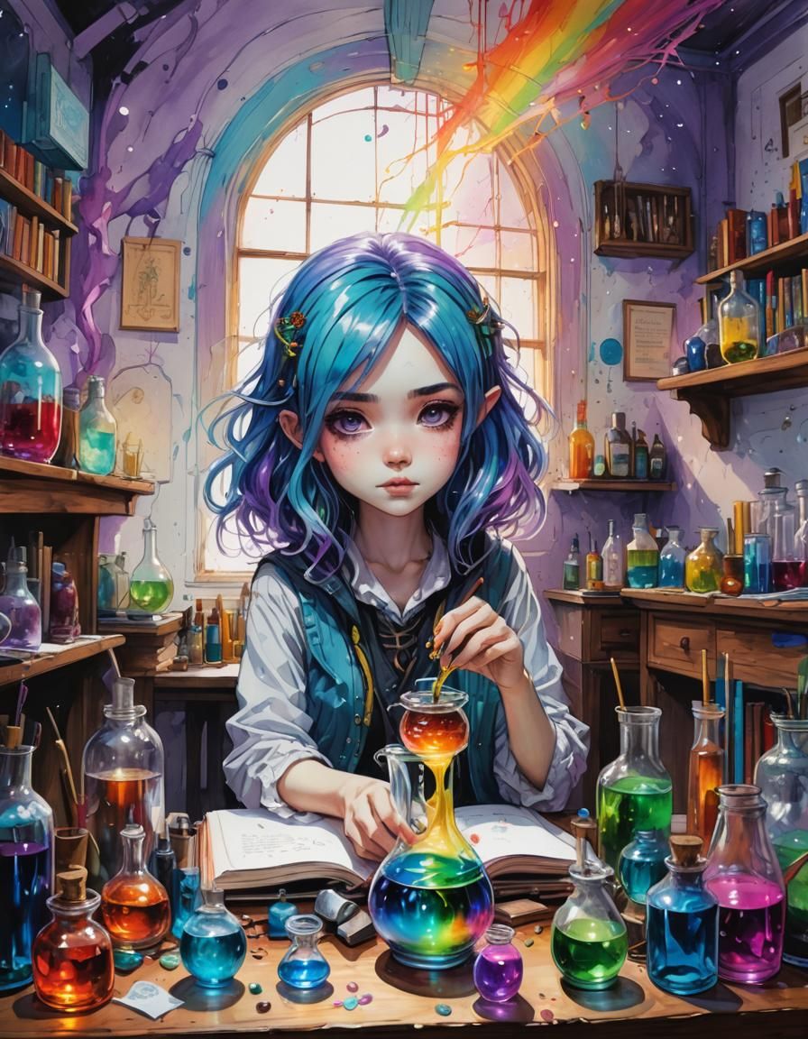 Chibi Girl Studying Potions in Sketch Illustration Style
