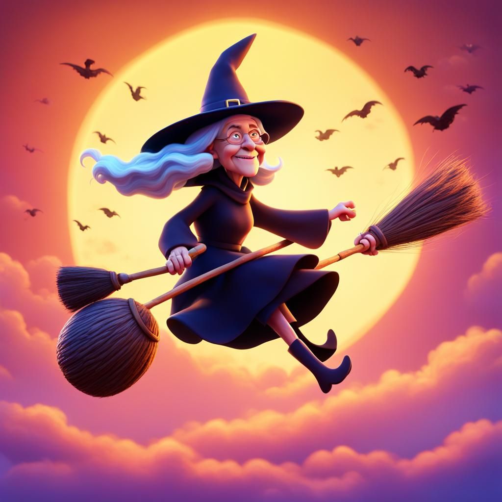 Cute Witch on Broomstick in Animated 3D Style