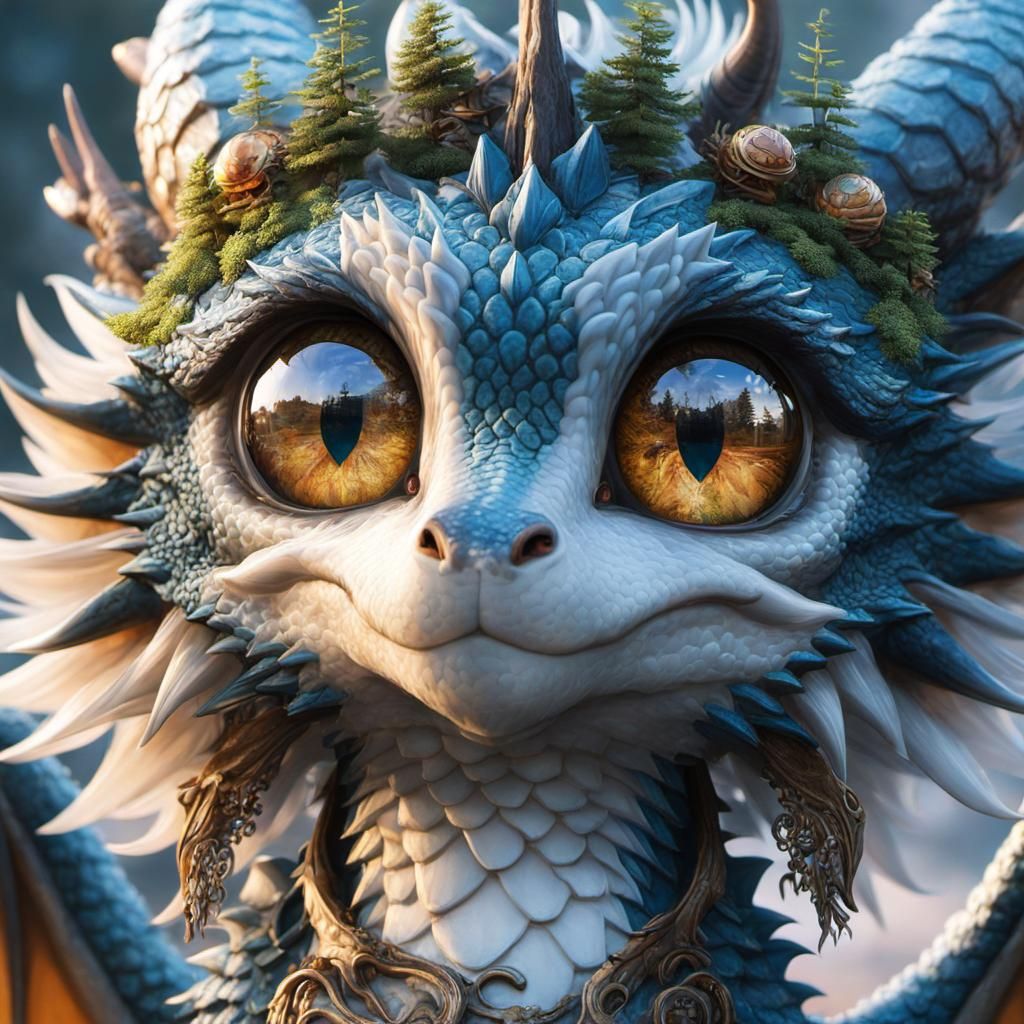 Enchanting Dragon Portrait with Forest Reflection