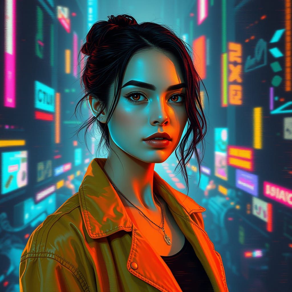 Glitch Art Portrait in Dystopian Cyberpunk City