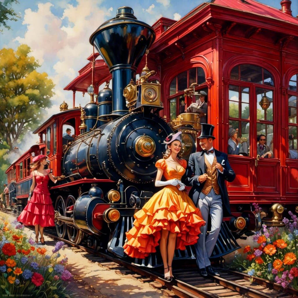 Steampunk Couple Waving from Red Caboose
