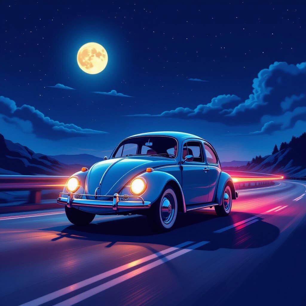 Volkswagen Beetle Night Ride in Stylized Illustration