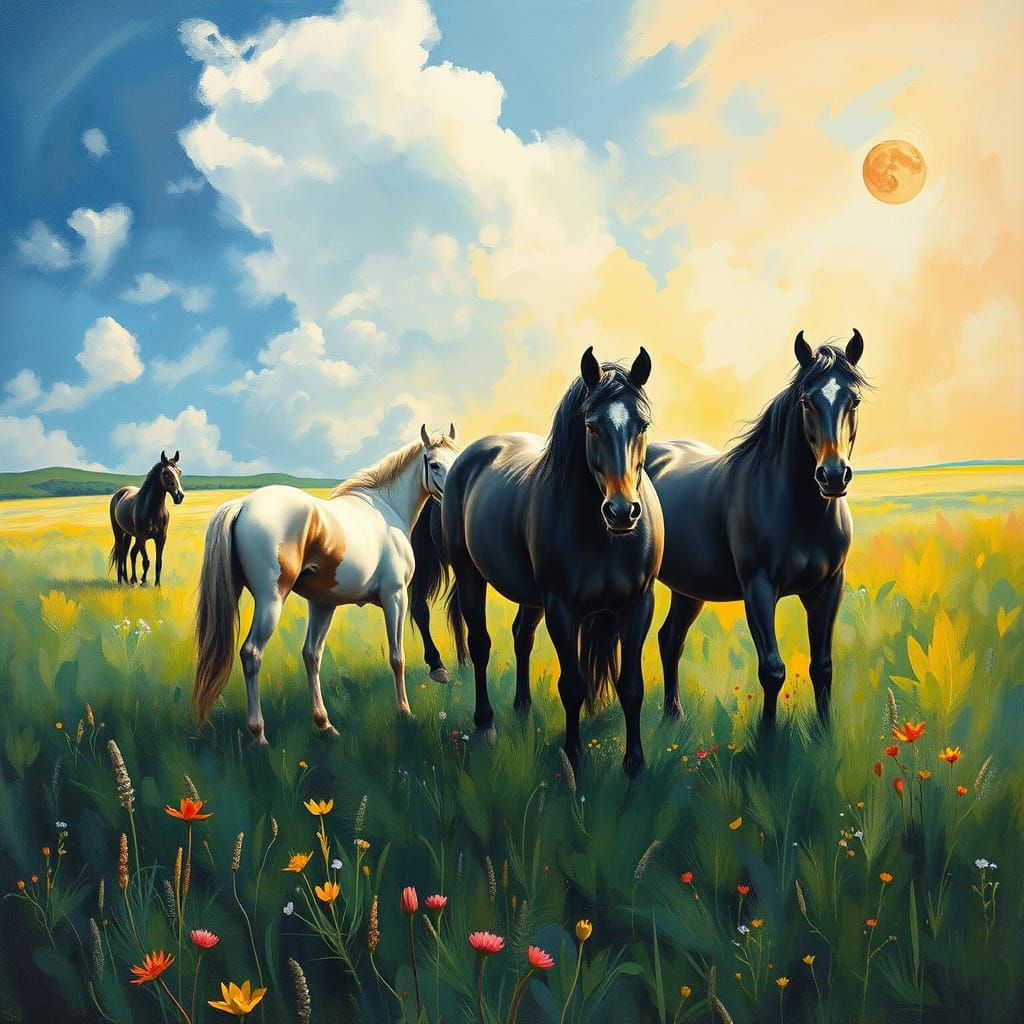 Epic Impressionist Masterpiece: Majestic Horses in a Lush Me...