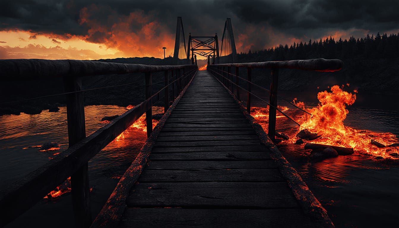 Epic Oil Painting of a Bridge Ablaze at Sunset