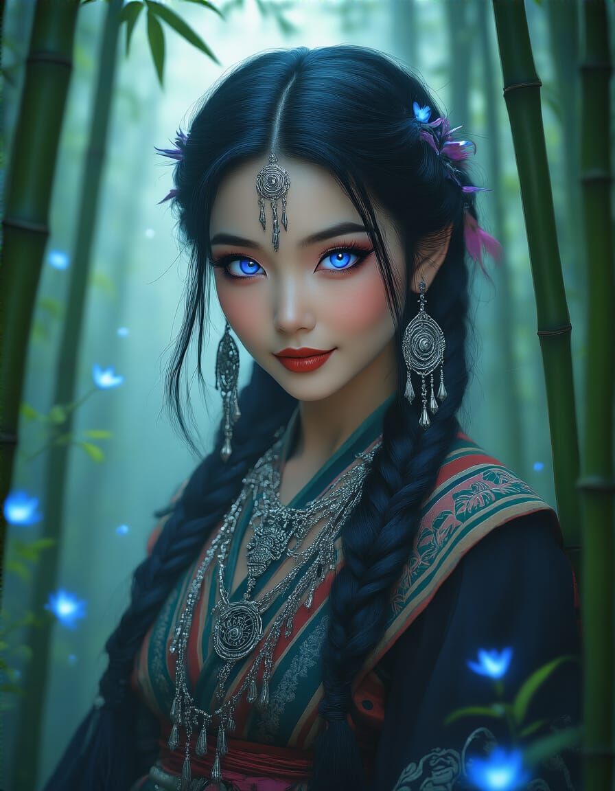 Hmong Woman in Bioluminescent Forest, Art Nouveau Style