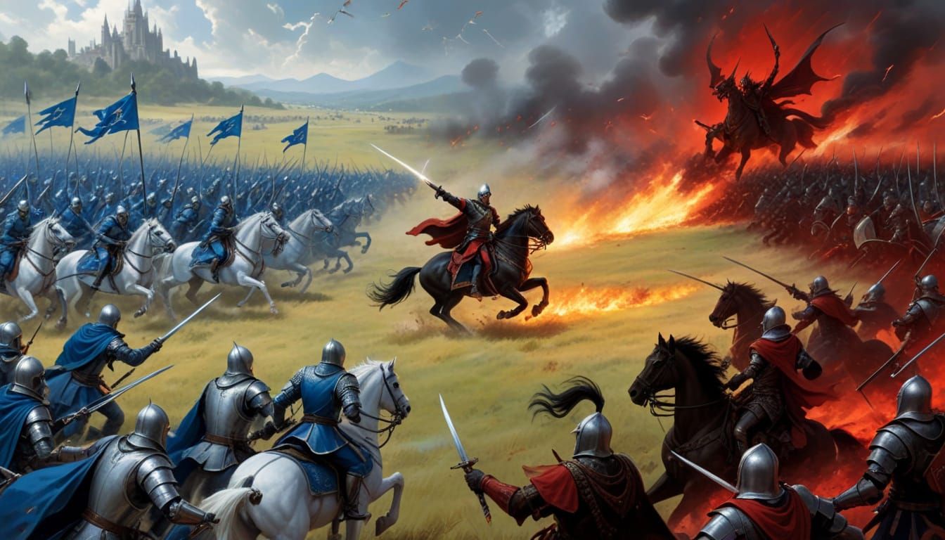 Epic Fantasy Battle Between Blue-Silver and Red-Black Armies